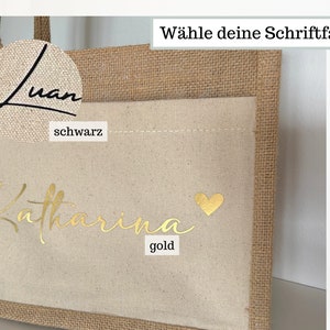 Personalisierte Jutetasche mit Namen und Herz bedruckt, Jute Tasche mit Name, Jute Shopper personalisierte Stoff Tragetasche Baumwolle Herz Bild 7