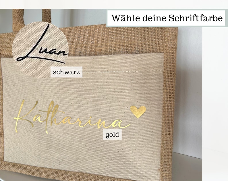 Personalisierte Jutetasche mit Namen und Herz bedruckt, Jute Tasche mit Name, Jute Shopper personalisierte Stoff Tragetasche Baumwolle Herz Bild 7