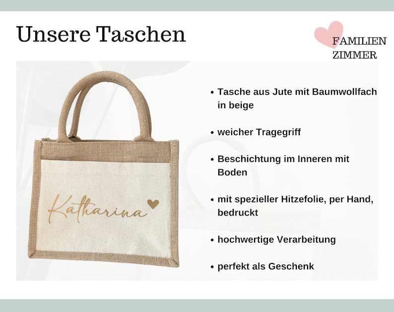 Personalisierte Jutetasche mit Namen und Herz bedruckt, Jute Tasche mit Name, Jute Shopper personalisierte Stoff Tragetasche Baumwolle Herz Bild 3