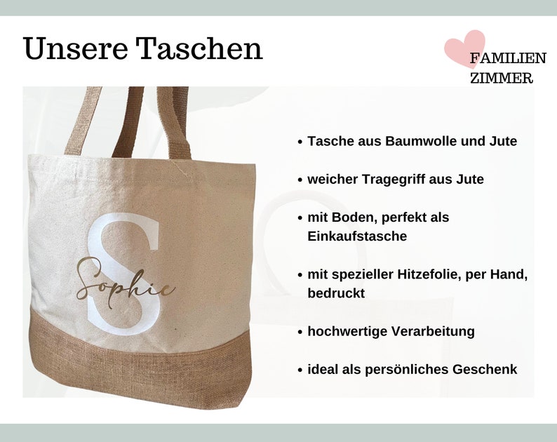 Personalisierte Einkaufstasche mit Name, Shopper Tasche Jute Namen groß, Stofftasche bedruckt Buchstabe, Jutetasche Baumwolle mit Initialen Bild 4