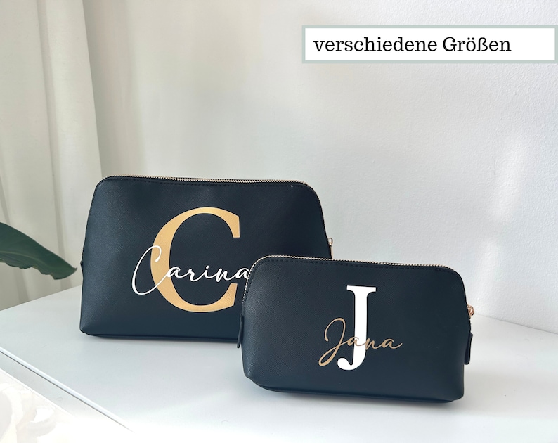 Kosmetiktasche mit Namen und Buchstabe personalisiert, Kulturbeutel mit Namen Schminktasche Initialen aus Kunstleder in Schwarz & Beige Bild 10