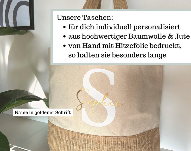 Personalisierte Einkaufstasche mit Name, Shopper Tasche Jute Namen groß, Stofftasche bedruckt Buchstabe, Jutetasche Baumwolle mit Initialen Bild 5