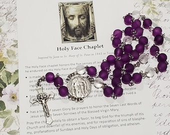 HOLY FACE of Jesus Chaplet, Purple Frosted Glass Beads, w/Instructions, Chaplet of the Holy Face, Reparation Chaplet, Holy Face Devotion