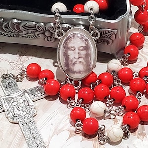 HOLY FACE of Jesus Chaplet, Shroud Image Glass Inlay Center, Red Howlite-Style Beads, w/Instructions, Chaplet of the Holy Face of Jesus
