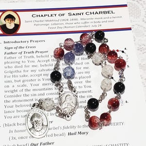 St. Charbel Chaplet, Red/Blue/Clear Crackle Glass Beads, Silver Tone, Chaplet of St. Charbel, Saint Charbel, St Charbel, Healing intercessor