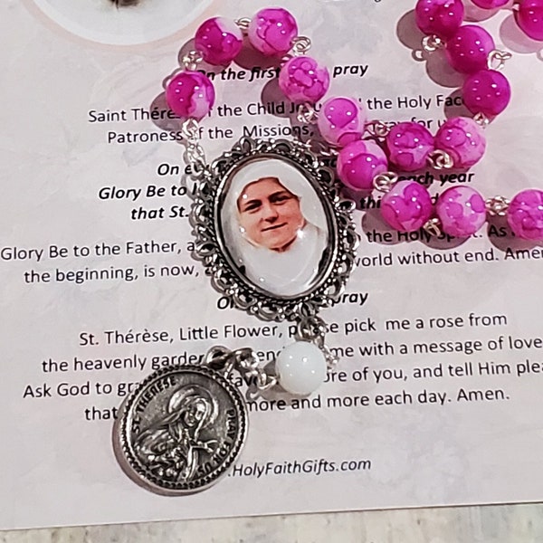 St. THERESE CHAPLET, The Little Flower, Glass Inlay Center, Pink & White Spun Glass Beads, Silver Tone Components, w/Instructions, Missions