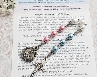 SAINT GERARD Baby Chaplet, Baby Blue/Petal Pink/White Glass Pearl Beads, Fertility, Pregnancy, Expectant Mothers, Childbirth