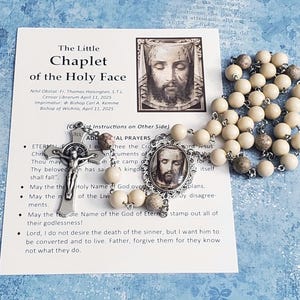 Little Chaplet of the Holy Face, w/IMPRIMATUR Instructions, Natural Fossil Beads, Glass Inlay Medallion,  Holy Face Chaplet, Holy Face
