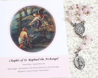 St. Raphael Chaplet, Rose Quartz Beads, Archangel, Patronage: Healing, Blindness, Marriage; (Prayer Card Included)