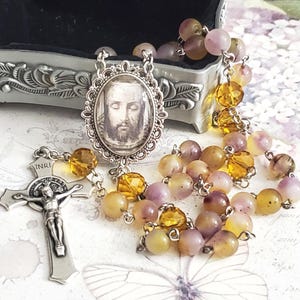Holy Face Chaplet, w/IMPRIMATUR Instructions, Yellow/Purple Jade Beads, Glass Inlay Medallion, Little Chaplet of the Holy Face, Holy Face