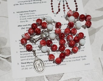 PRECIOUS BLOOD Chaplet, Red & White Glass Beads, Silver Tone Components, w/Instructions, Chaplet of the Most Precious Blood, Blood of Jesus