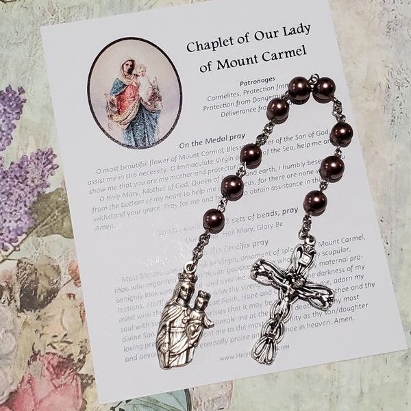 Our Lady of MOUNT CARMEL Chaplet, Brown Glass Pearl Beads, Silver Tone Components, w/Instructions, Carmelites, Protection, Marian Devotion