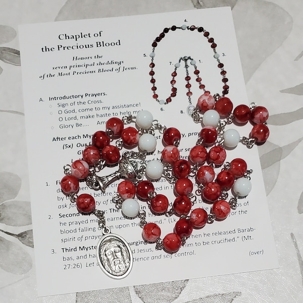 PRECIOUS BLOOD Chaplet, Red & White Glass Beads, Silver Tone Components, w/Instructions, Chaplet of the Most Precious Blood, Blood of Jesus