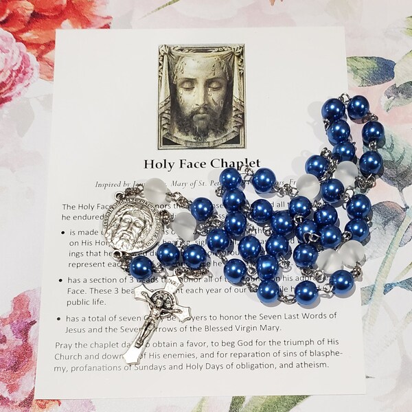 HOLY FACE of Jesus Chaplet, w/Instructions, Blue Glass Pearl Beads, Chaplet of the Holy Face of Jesus, Chaplet of the Holy Face, Reparation