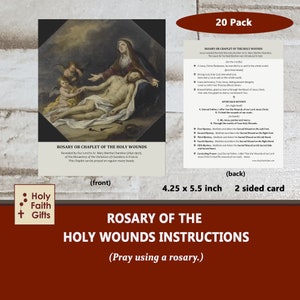 HOLY WOUNDS Rosary Instructions Prayer Card  (20 pack), Rosary or Chaplet of the Holy Wounds Instructions, 2-sided, pray on rosary beads