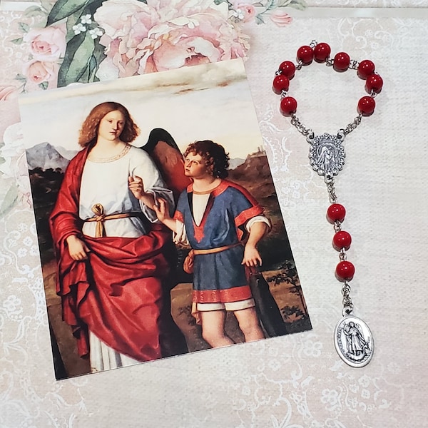 St. RAPHAEL CHAPLET, Red Glass Beads, Silver Tone Components, w/Instructions, Chaplet of St. Raphael, Archangel Raphael, Healing, Blindness