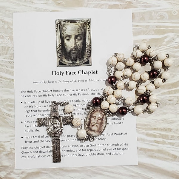 HOLY FACE of Jesus Chaplet, Shroud Image Glass Inlay Center, Natural Howlite-Style Beads, w/Instructions, Chaplet of the Holy Face of Jesus