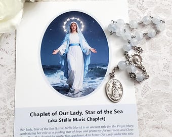Our Lady Star of the Sea Chaplet (Stella Maris Chaplet), Pale Blue Crackle Glass Beads (Prayer Card Included)