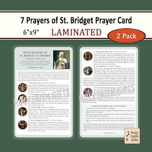 May include: Laminated prayer card, 6"x9", featuring "7 Prayers of St. Bridget of Sweden." The card includes text detailing prayers and promises, with an image of a saint. A "2 Pack" sticker is in the upper right corner.