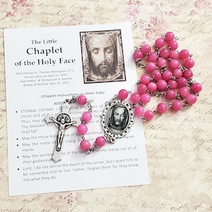 Holy Face Chaplet, w/IMPRIMATUR Instructions, Pink Jade Beads, Glass Inlay Medallion, Little Chaplet of the Holy Face, Holy Face of Jesus