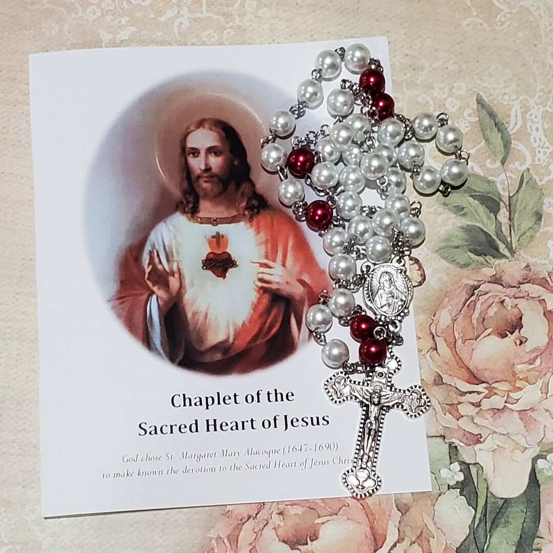 SACRED HEART of Jesus Chaplet White Pearl Glass Beads, Silver Tone ...