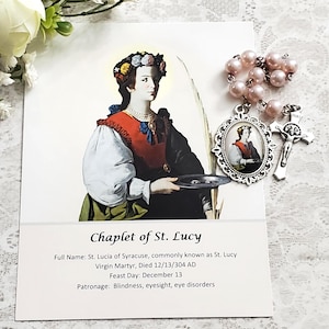Saint Lucy Chaplet, Blush Pink Glass Pearl Beads, Ornate Medallion, (Prayer Card)