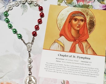 Saint DYMPHNA Chaplet, w/Instructions; Red, White & Green Glass Pearl Beads, Chaplet of St. Dymphna, St. Dymphna Chaplet, Stress, Anxiety