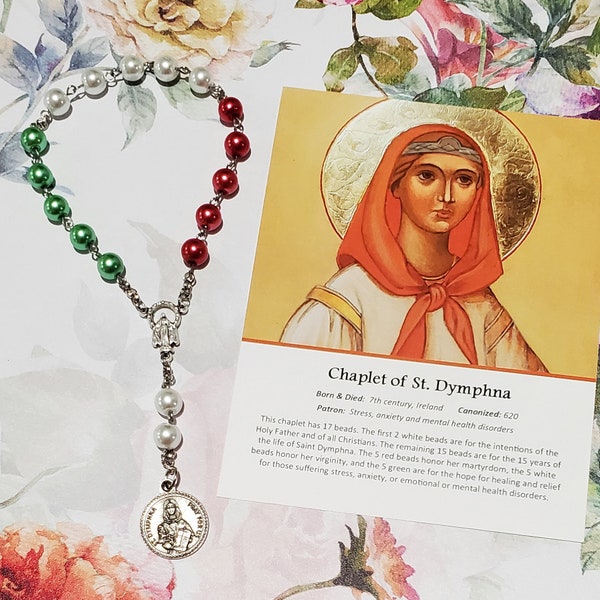 Saint DYMPHNA Chaplet, w/Instructions; Red, White & Green Glass Pearl Beads, Chaplet of St. Dymphna, St. Dymphna Chaplet, Stress, Anxiety