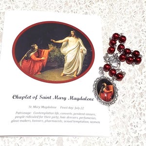 St. Mary Magdalene Chaplet, Czech Dark Red Pearl Glass Beads, Glass Inlay Medallion, Chaplet of St. Mary Magdalene, Saint Mary Magdalene