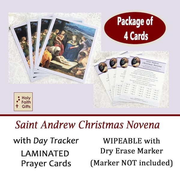 Tarjetas de oración laminadas para la novena de Navidad de San Andrés, con casillas de seguimiento (paquete de 4), lavables, color: morado