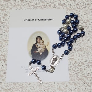 Chaplet of CONVERSION, Blue Glass Pearl Beads, Silver Tone Components, Conversion Prayers, w/Instructions, Immaculate Heart, Mary, Catholic