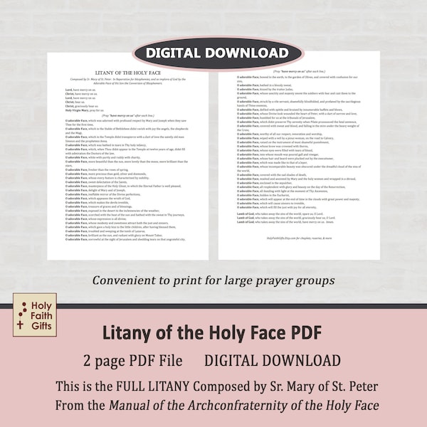 DIGITAL Download, Litany of the Holy Face, Composed by Sr. Mary of St. Peter, PDF File for printing on 8 1/2 x 11 standard printer paper
