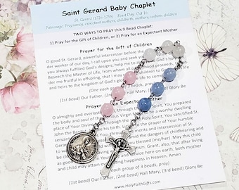 St. GERARD Baby Chaplet, Rose Quartz, Jade Beads, Pregnancy Gift