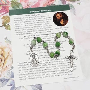 SAINT JUDE Chaplet, Green & White Persian Jade Beads w/Endcaps, Silver Tone Components, w/Instructions, Chaplet of St. Jude, Hopeless Causes
