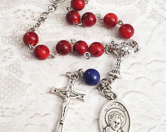 St. Carlo Acutis Car Rosary, Red Quartz Beads, 1-Decade Rear View Mirror Car Rosary, Saint Carlo Acutis