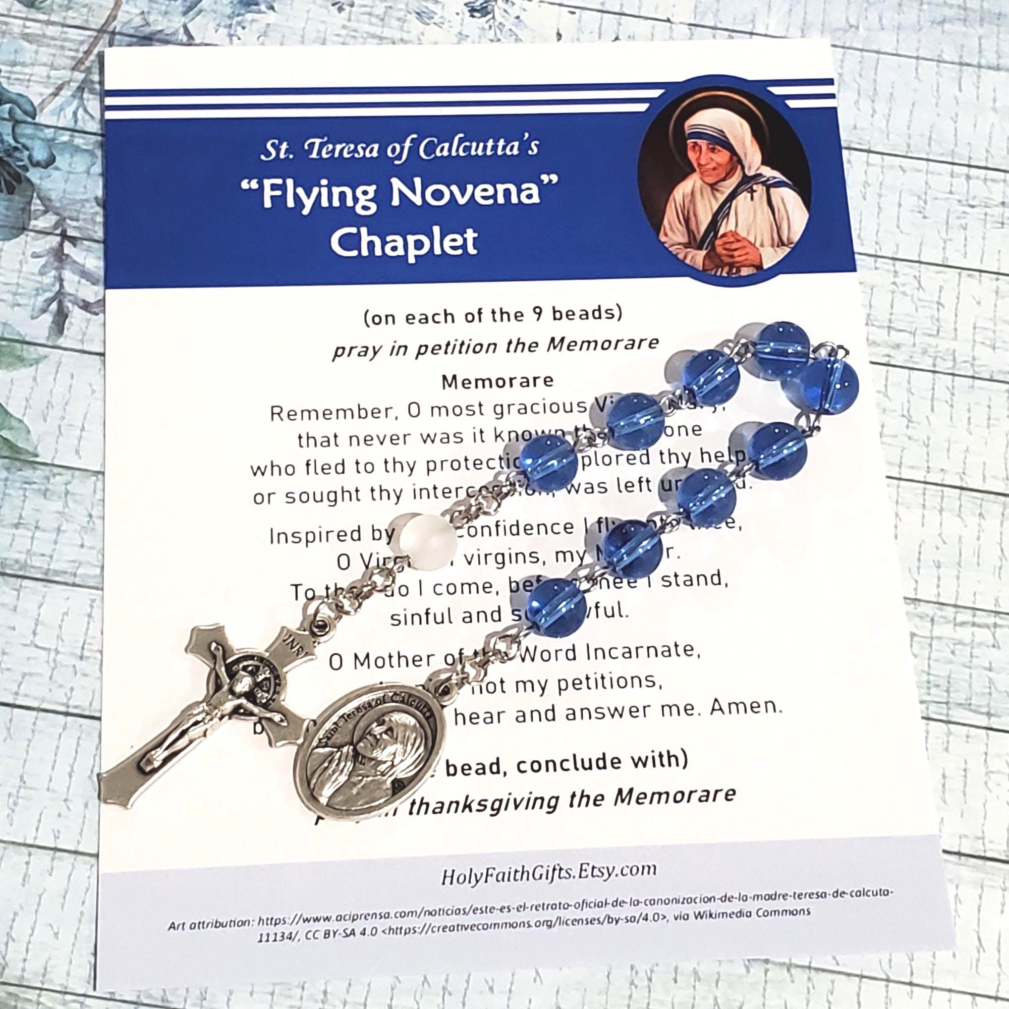 St. Mother Teresa's Flying Novena Chaplet, Clear Blue Glass Beads
