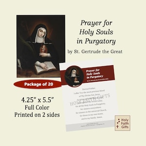 St. Gertrude Prayer for Holy Souls in Purgatory, (20 pack), 2-sided, full color prayer card, Catholic Prayer Card, Purgatory Prayer Card