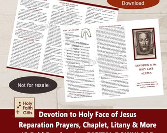 Brochura de Oração da SANTA FACE, download digital, brochura com dobra em letra C, para impressão; Flecha de Ouro, Ladainha da Santa Face, Instruções para o Terço da Santa Face