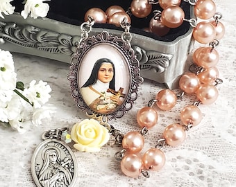 St. THERESE CHAPLET, Czech Blush Pink Glass Pearl Beads with Ivory Rose Bead, Glass Inlay Center, St. Therese of Lisieux, The Little Flower