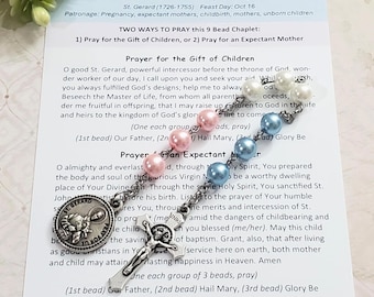 St. Gerard Baby Chaplet, Princess Pink/Ivory/Blue Czech Glass Pearl Beads, Fertility Pregnancy Gift