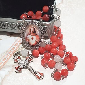 SACRED HEART of Jesus Chaplet, Red Coral Jade Beads, Glass Inlay Center, w/Instructions, Chaplet of the Sacred Heart, Sacred Heart Devotion