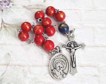St. Carlo Acutis Decade Rosary, Red Jade w/Gold Accented Beads, Pocket Rosary, St. Carlo Acutis, Saint Carlo Acutis