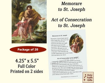 St Joseph Prayer Cards, Memorare to St. Joseph and Act of Consecration to St. Joseph Prayers, (20 pack), 2-sided, full color prayer cards
