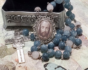 HOLY FACE of Jesus Chaplet, Dusty Teal Angelite Stone Beads, Glass Inlay Medallion, Silver Tone, Chaplet of the Holy Face of Jesus