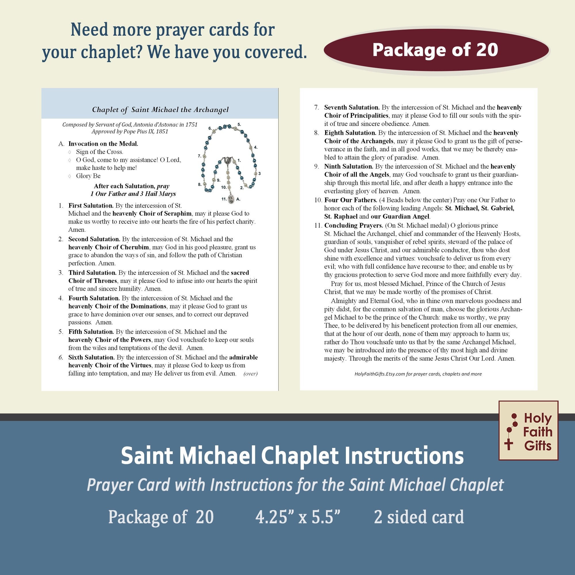 St. Michael Chaplet Instructions Prayer Card  (20 pack) - Saint Michael devotion, Saint Michael Chaplet Prayer, St. Michael Chaplet Prayer
