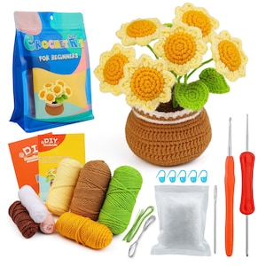 May include: Crochet kit for beginners, featuring a crocheted sunflower bouquet in a brown pot, yarn, crochet hooks, and stuffing. The kit includes instructions for crocheting a sunflower bouquet.