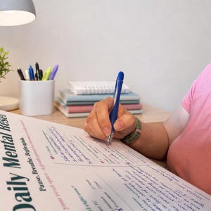 Pu&ograve; includere: Una persona scrive su un foglio di lavoro "Daily Mental Reset" con una penna blu. Il foglio di lavoro include il testo "Pause. Breathe. Begin again." Una piccola pianta in vaso, penne e libri sono visibili sullo sfondo.
