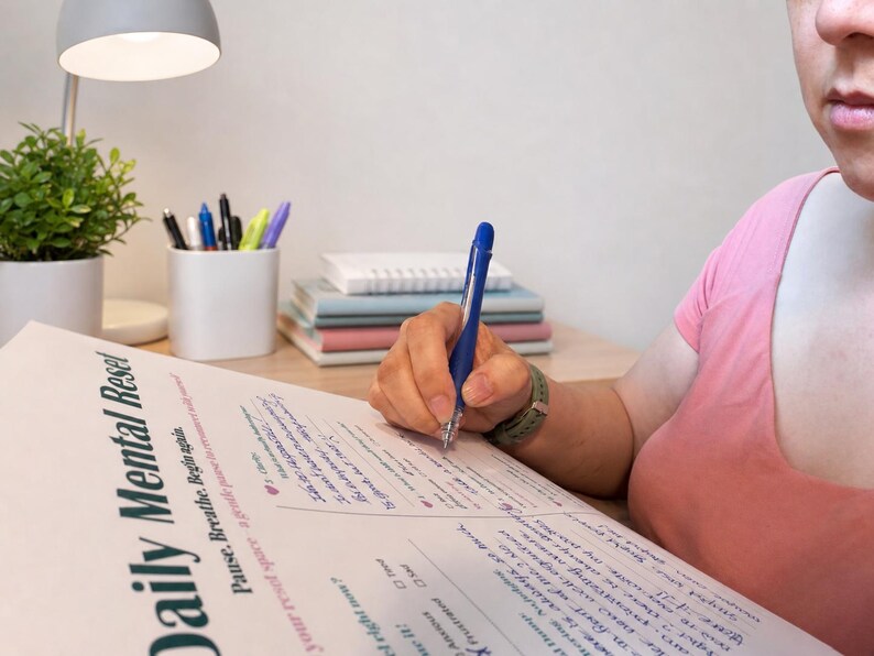 Pu&ograve; includere: Una persona scrive su un foglio di lavoro "Daily Mental Reset" con una penna blu. Il foglio di lavoro include il testo "Pause. Breathe. Begin again." Una piccola pianta in vaso, penne e libri sono visibili sullo sfondo.