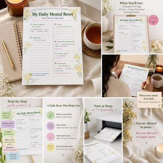 Daily Mental Reset Printable - Self Care Worksheet, Anxiety Relief (A4, one page)
