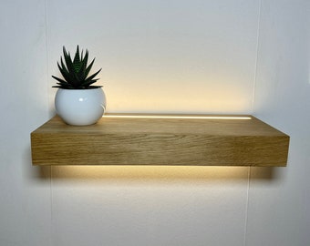 Floating wall shelf made of natural solid oak with led light, wooden shelf with led light strip, modern wall led shelf
